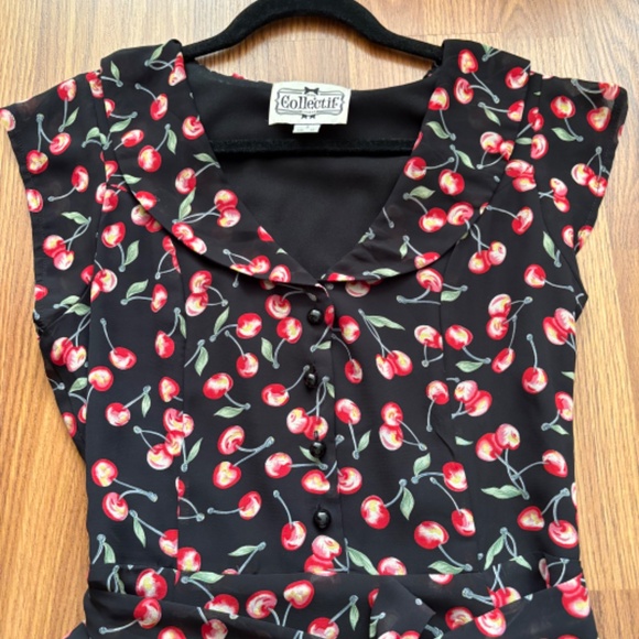 Collectif Black and Cherry Retro Flare Dress - Picture 6 of 12